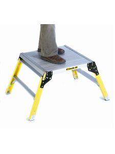 Person standing on yellow and silver folding work platform.
